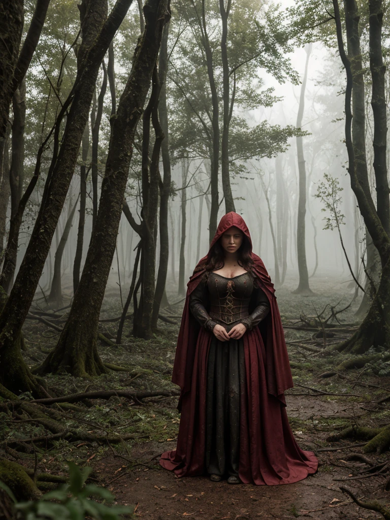 Dense thickets. Lots of broken trees and branches. Gloomy lake. A portrait of a woman as Ophelia with red, dirty, long, red, wavy hair. She's not looking at the camera. Behind woman stands a mature male demon wearing a black, torn hood, leaning, whispering something into the woman's ear. A position full of resignation, with the head lowered. Wearing worn and torn medieval women's clothing. The women's medieval costumes are wet and stained with mud. All around, a dense and gloomy, swampy forest shrouded in morning fog. Sunlight creates interesting chiaroscuro and vivid colors. Dense thickets. Lots of broken trees and branches. A forest lake in the background.