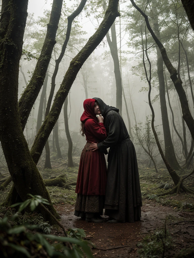 Dense thickets. Lots of broken trees and branches. Gloomy lake. A portrait of a woman as Ophelia with red, dirty, long, red, wavy hair. She's not looking at the camera. Behind woman stands a mature male demon wearing a black, torn hood, leaning, whispering something into the woman's ear. A position full of resignation, with the head lowered. Wearing worn and torn medieval women's clothing. The women's medieval costumes are wet and stained with mud. All around, a dense and gloomy, swampy forest shrouded in morning fog. Sunlight creates interesting chiaroscuro and vivid colors. Dense thickets. Lots of broken trees and branches. A forest lake in the background.