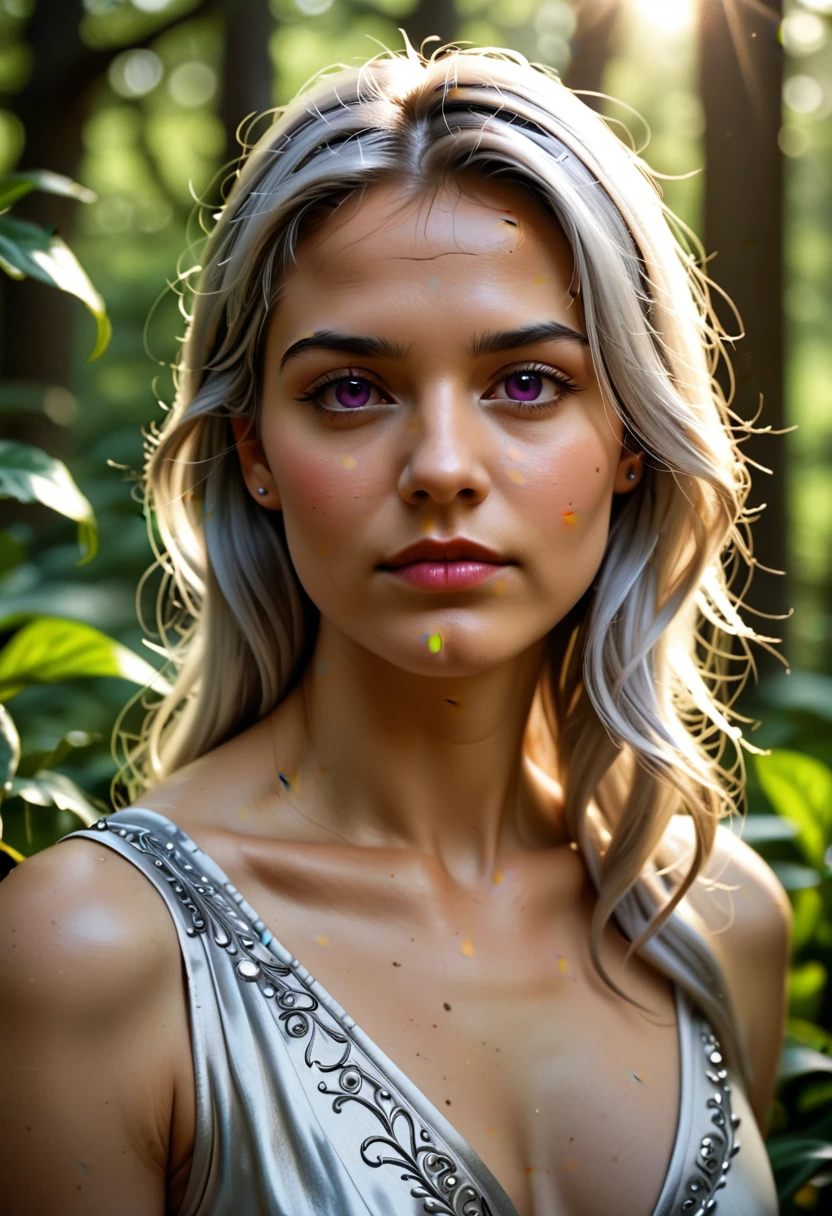 a beautiful woman with long silver white hair,piercing violet eyes,detailed face,pale skin,high cheekbones,delicate features,wearing a flowing silver dress,standing in a serene meadow with lush green grass and wildflowers,sunlight streaming through the trees,an air of grace and elegance,(best quality,8k,highres,masterpiece:1.2),ultra-detailed,(realistic,photorealistic,photo-realistic:1.37),digital painting,cinematic lighting,dramatic colors,fantasy,portrait