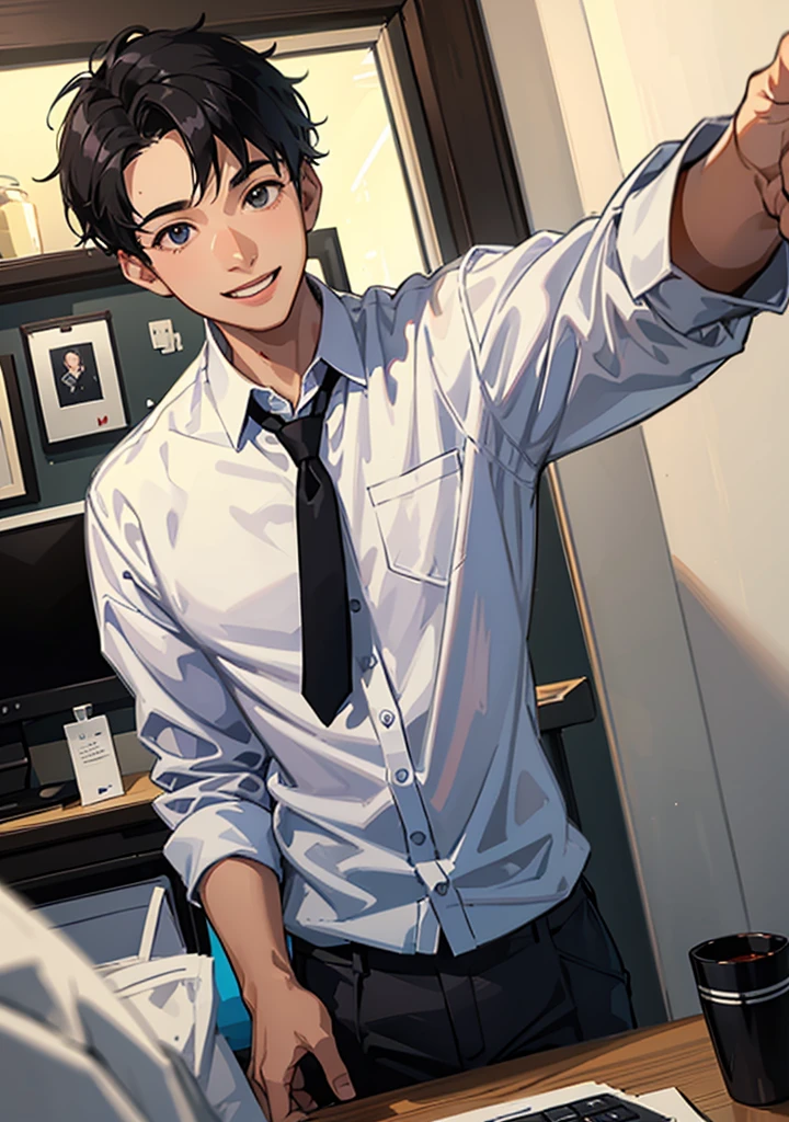 A university boy in white shirt with black necktie, short black hair, playing the computer game in his room with smile and fun, he hold noodle cup in his hand