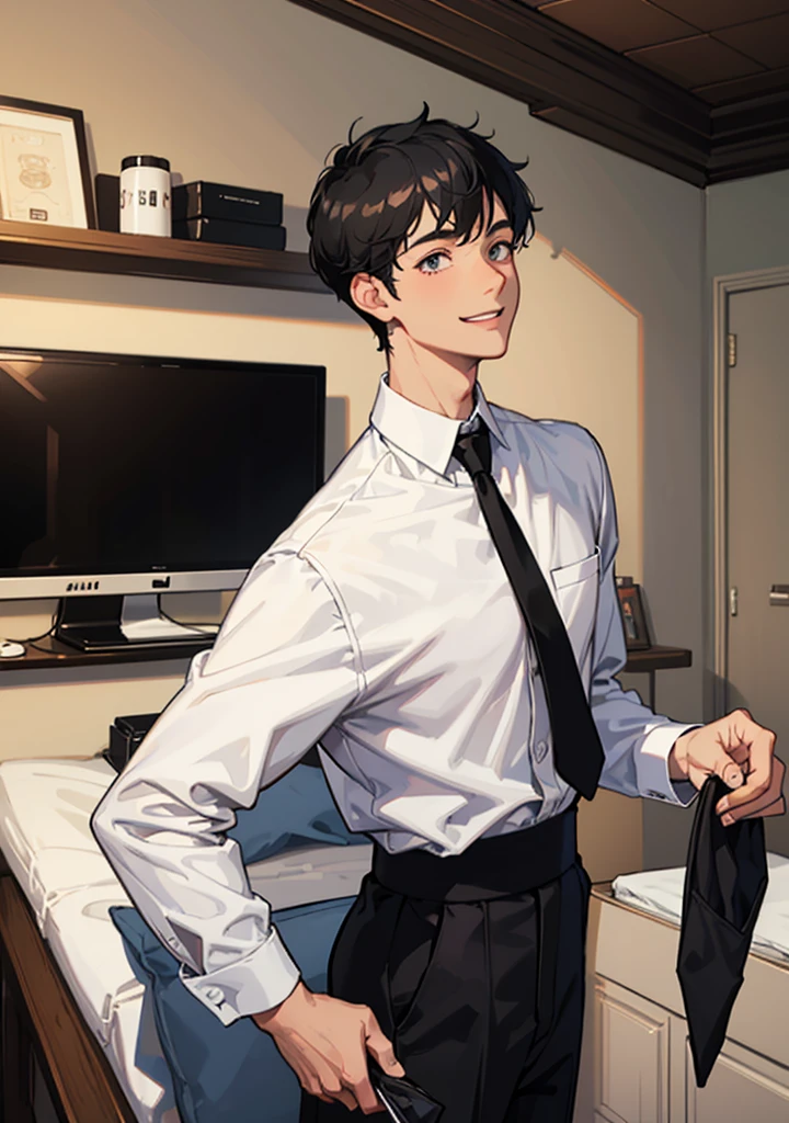 A university boy in white shirt with black necktie, short black hair, playing the computer game in his room with smile and fun, he hold noodle cup in his hand