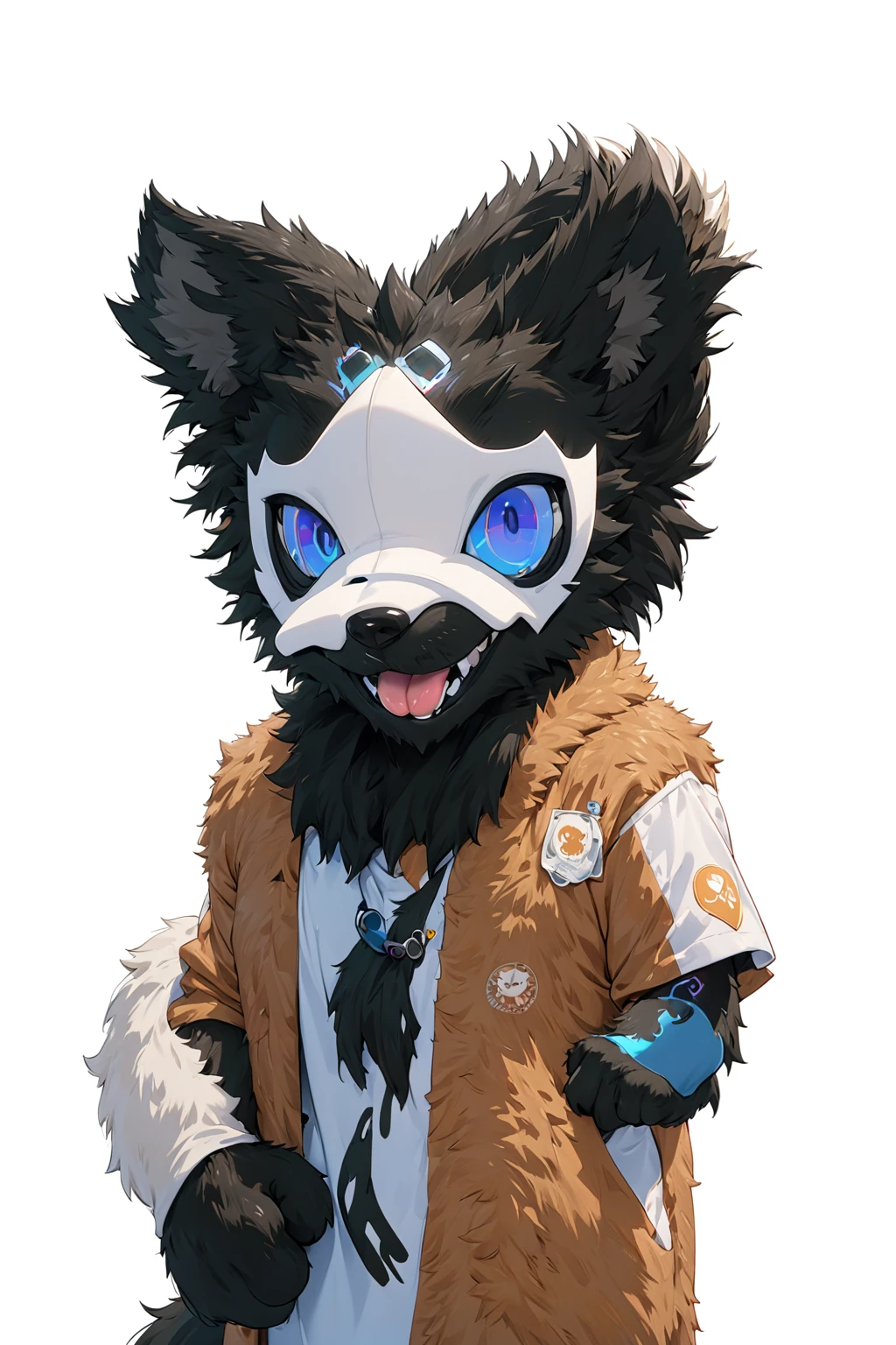 Black hair, Dark Skin, White Mask ,furry,make a fist, Pink tongue, Black nose, Black broken corner, fur garment, fur garment!!!!, hairy character, Full body mascot, hyena, SFW, macro hairy, hairy fursona, hairy, the hairy fur garment is running, Anthropomorphic coyote male, An anthropomorphic cyberpunk fox, hairy mawshot, hairy furaffinity, 8K, super detail, uhd, masterpiece, anatomically correct, ccurate, super detail, high details, high quality, best quality, highres, 16K