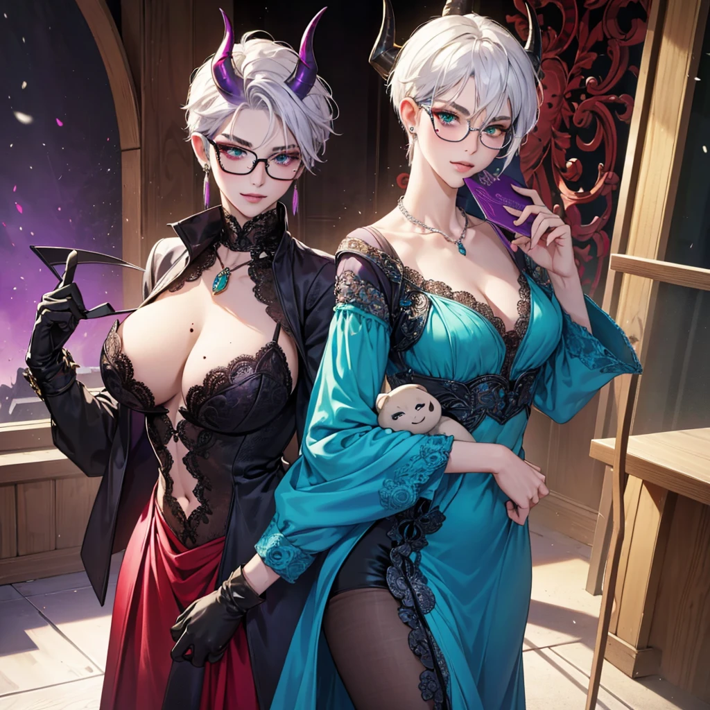 8k, masterpiece, best quality, highly detailed, 1 girl, tiefling, warlock, multicolored hair, very short straight hair green highlight hair on white hair, strippled hair, wearing glasses, round glasses, earrings, long dress with side cut, lace dress, red eyeshadow, long eyelashes,navel piercing, blushed cheek, necklace, collarbone, high heels, mole, glamorous, purple and teal clothing, villainy, smirk, seductive face, close up view, rings, looking at viewer, standing, demon horns, solo, hand touching cheek, school, black lace gloves, holding book, sensei, miniskirt.