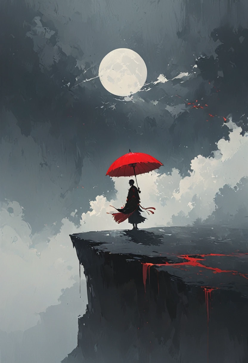 A simple one,Minimalist illustration, 1 red umbrella hanging in the air,Tassels on umbrellas,solitary figure,On the edge of a cliff,bridge