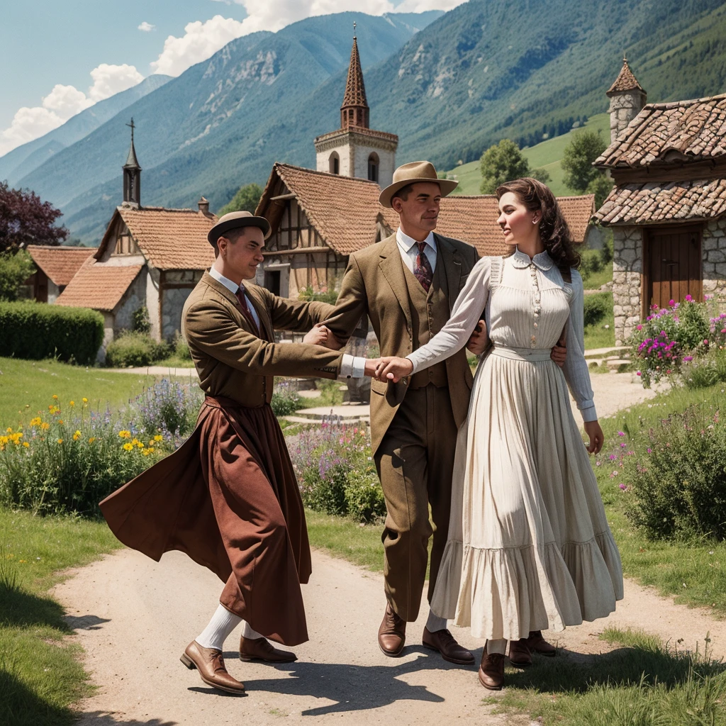 watercolor drawing in Retro-Look, rural saxones village in Transilvania with fortificated church of bazna, man and woman dance, full body shot, in the style of classic Americana, white background, Andrew Loomis style, Masterpiece work of art,