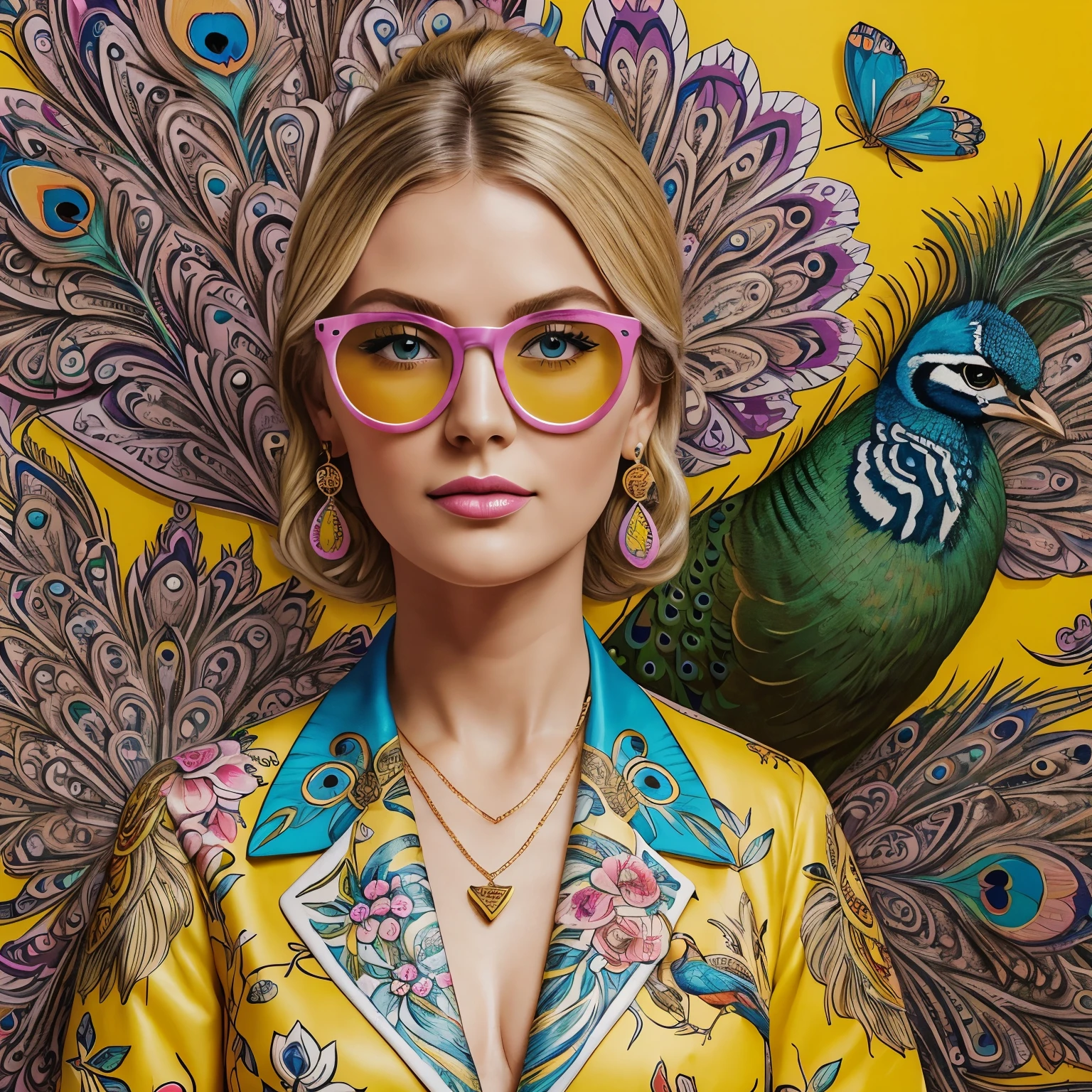 ((masterpiece, high quality, well-drawn details, 4K)) a 30-year-old blonde woman with a beautiful peacock, a watercolor drawing in a bright floral jacket on a yellow background, double-breasted with wide lapels, with a fly pendant, a narrow-striped shirt in white and sky blue colors, round fuchsia maxi glasses, with a pop art painting by Annabel Kidston, winner of the behance competition, "naive art", "maximalism", "fauvism", "pop art".