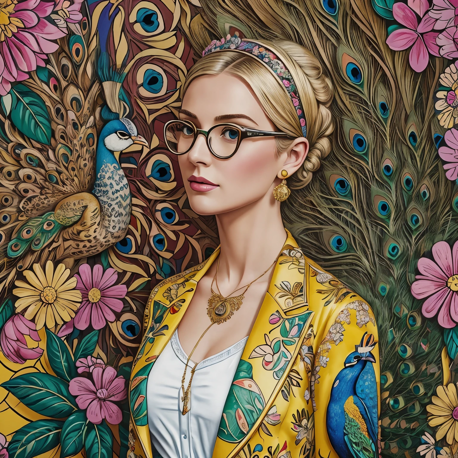 ((masterpiece, high quality, well-drawn details, 4K)) a 30-year-old blonde woman with a beautiful peacock, a watercolor drawing in a bright floral jacket on a yellow background, double-breasted with wide lapels, with a fly pendant, a narrow-striped shirt in white and sky blue colors, round fuchsia maxi glasses, with a pop art painting by Annabel Kidston, winner of the behance competition, "naive art", "maximalism", "fauvism", "pop art".