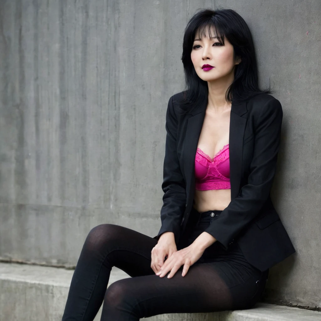 score_9, score_8_up, score_7_up, beautyful mature japanese woman, slim body, slender body, black jacket, black jeans,big long fringe black hair, black lipstick, pink bra, calm face, sit, morning, leaning against a wall, crossed legs