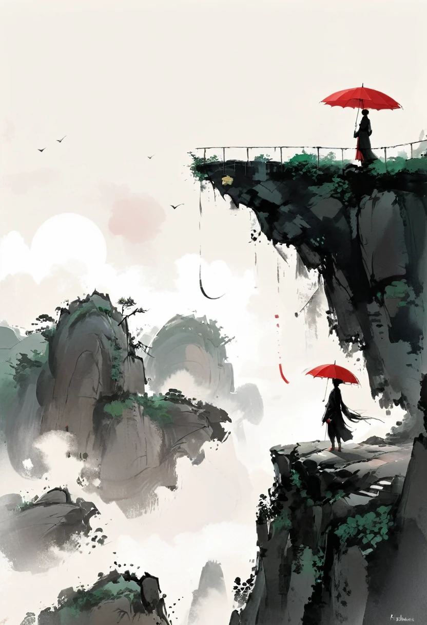 A simple one,Minimalist illustration, 1 red umbrella hanging in the air,Tassels on umbrellas,solitary figure,On the edge of a cliff,bridge