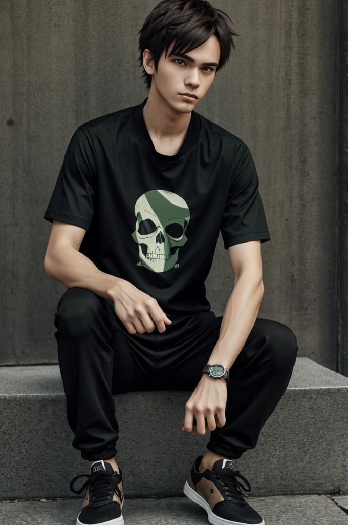 2D,man,YOUNG,dressed in a black t-shirt with a skull in the center,a dark green jacket black tennis shoes,and anime style brown hair