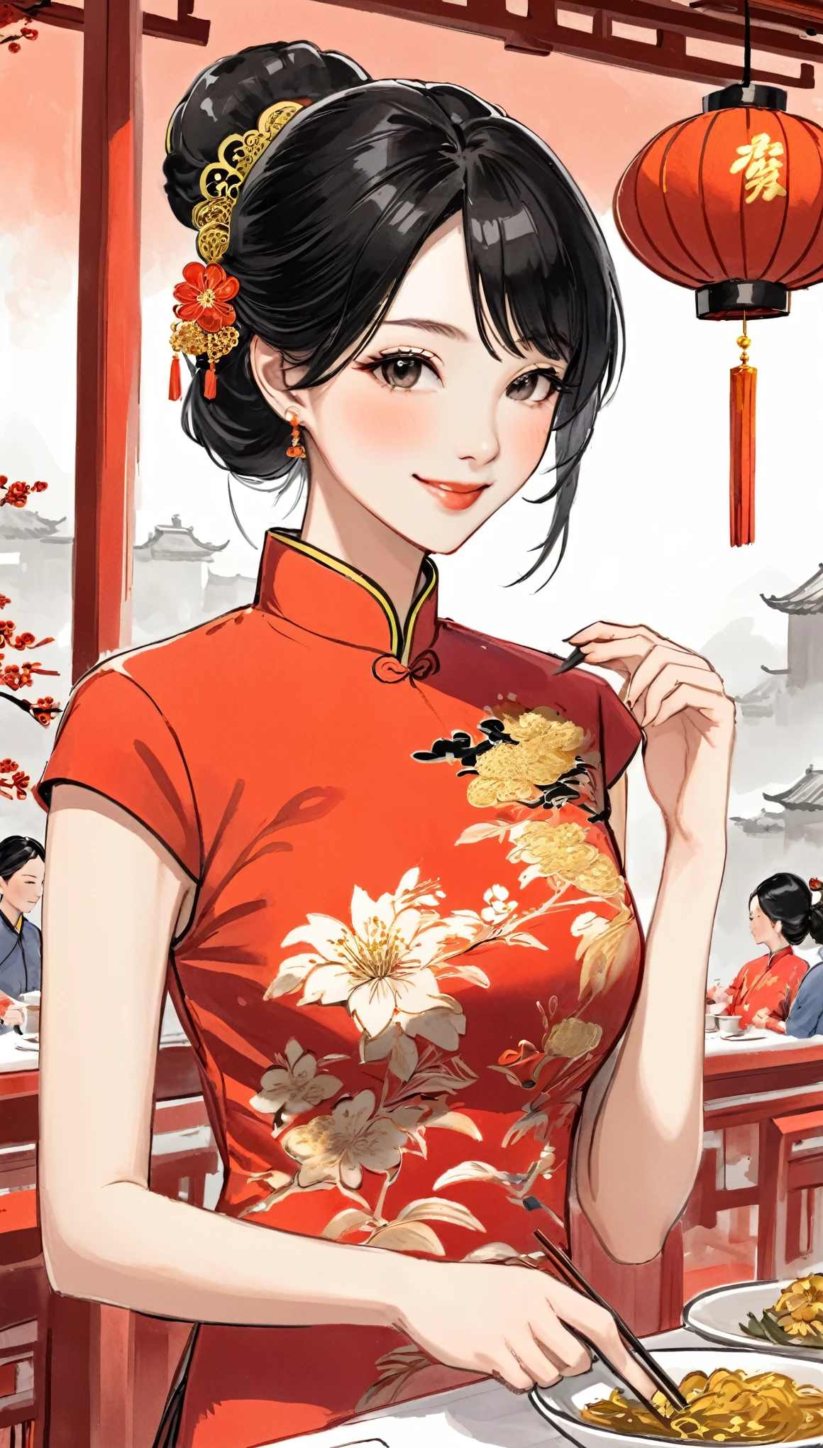 A beautiful woman, city,(Red cheongsam), (flower chignon), (gold embroidery thread), outdoor chinese restaurant, light smile, ((black hair)), little blush, side, , art drawing, ink Painting Art, chinese ink drawing art, (hand drawing art), ((draft drawing)),