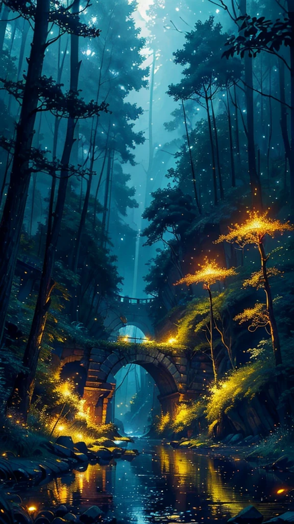 ((masterpiece, best quality)), ((dark forest with many fireflies, vibrant coloring, misty, flowing river, ruins)), dramatic lighting