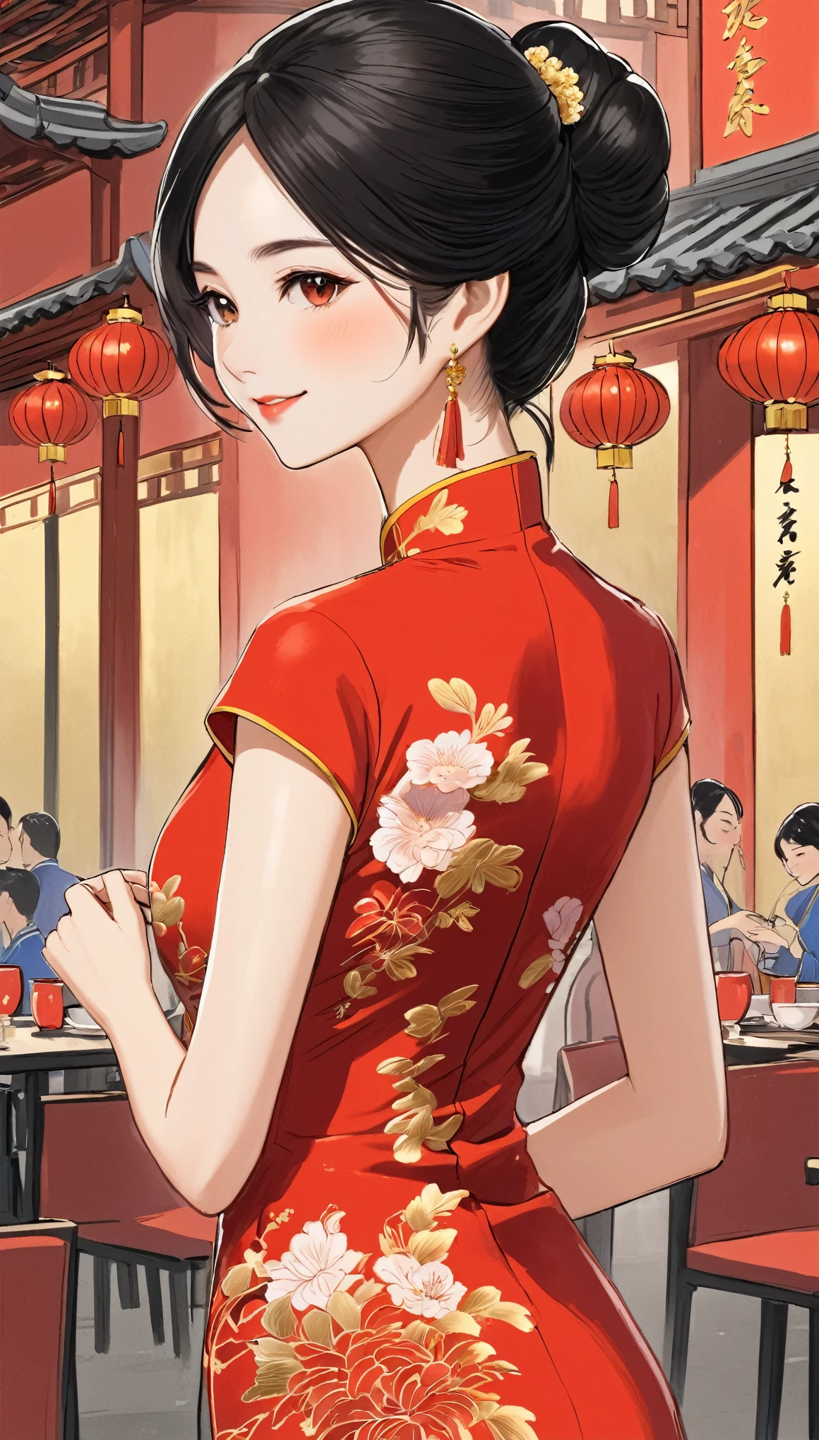 A beautiful woman, city,(Red cheongsam), (flower chignon), (gold embroidery thread), outdoor chinese restaurant, light smile, ((black hair)), little blush, side, (breast), line art, Scan Painting Art, Color pencil drawing art, (hand drawing art), ((draft drawing)),