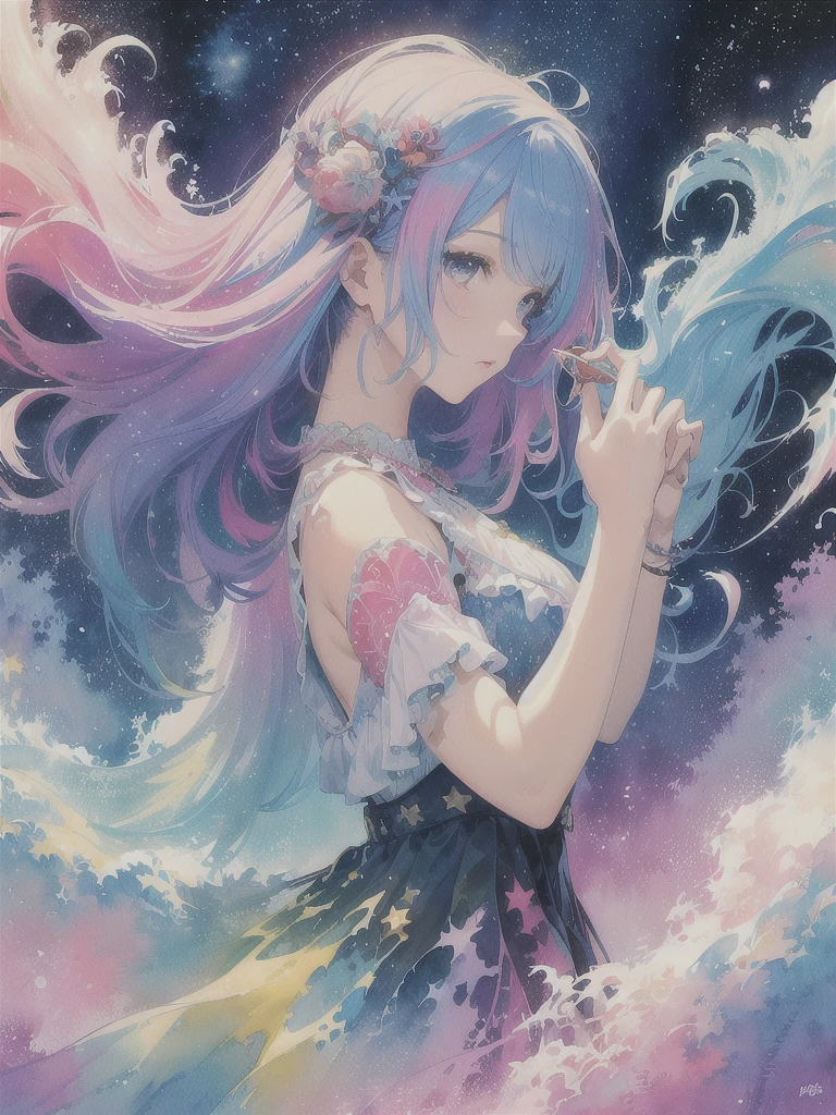 (masterpiece, top quality, best quality,watercolor (medium),official art, beautiful and aesthetic:1.2),(1girl:1.3), (fractal art:1.3),upper body, from side, looking at viewer,patterns,(rainbow color Hair,colorful hair,half blue and half pink hair:1.2),water,liquid, cloud,colorful, starry,stars, hatsune miku