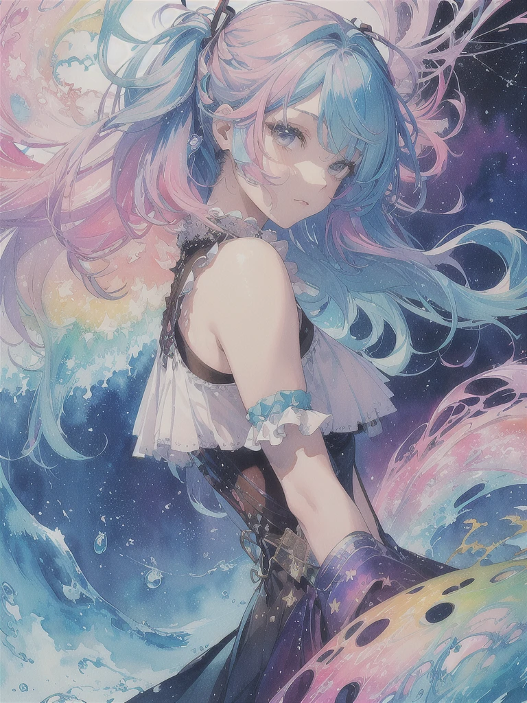 (masterpiece, top quality, best quality,watercolor (medium),official art, beautiful and aesthetic:1.2),(1girl:1.3), (fractal art:1.3),upper body, from side, looking at viewer,patterns,(rainbow color Hair,colorful hair,half blue and half pink hair:1.2),water,liquid, cloud,colorful, starry,stars, hatsune miku