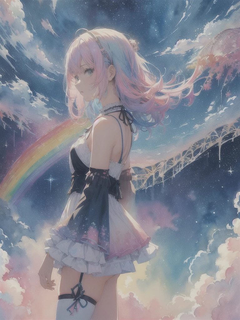 (masterpiece, top quality, best quality,watercolor (medium),official art, beautiful and aesthetic:1.2),(1girl:1.3), (fractal art:1.3),upper body, from side, looking at viewer,patterns,(rainbow color Hair,colorful hair,half blue and half pink hair:1.2),water,liquid, cloud,colorful, starry,stars, hatsune miku