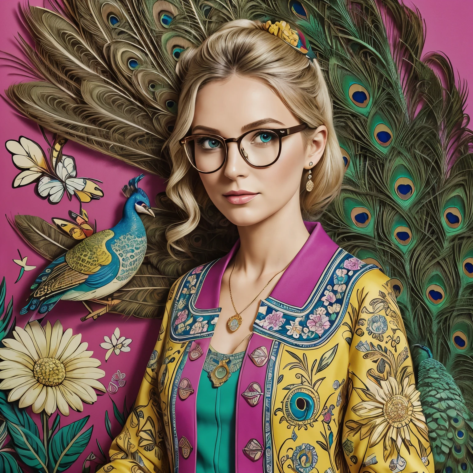 ((masterpiece, high quality, well-drawn details, 4K)) a 30-year-old blonde woman with a beautiful peacock, a watercolor drawing in a bright floral jacket on a yellow background, double-breasted with wide lapels, with a fly pendant, a narrow-striped shirt in white and sky blue colors, round fuchsia maxi glasses, with a pop art painting by Annabel Kidston, winner of the behance competition, "naive art", "maximalism", "fauvism", "pop art".