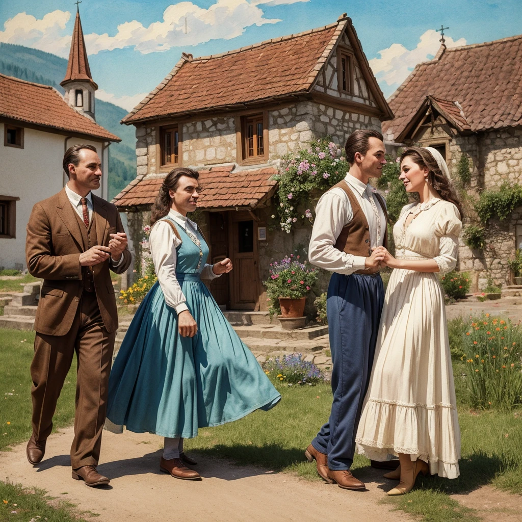 watercolor drawing in Retro-Look, rural saxones village in Transilvania with fortificated church of bazna, man and woman dance, full body shot, in the style of classic Americana, white background, Andrew Loomis style, Masterpiece work of art,