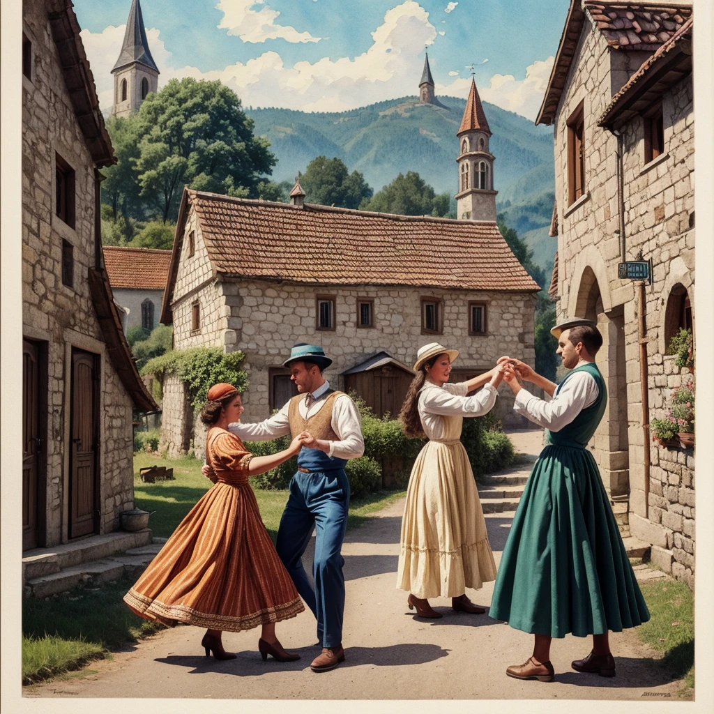 watercolor drawing in Retro-Look, rural saxones village in Transilvania with fortificated church of bazna, man and woman dance, full body shot, in the style of classic Americana, white background, Andrew Loomis style, Masterpiece work of art,