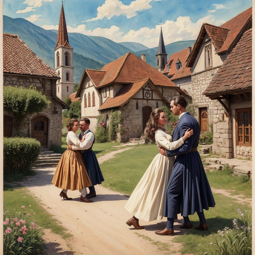 watercolor drawing in Retro-Look, rural saxones village in Transilvania with fortificated church of bazna, man and woman dance, full body shot, in the style of classic Americana, white background, Andrew Loomis style, Masterpiece work of art,
