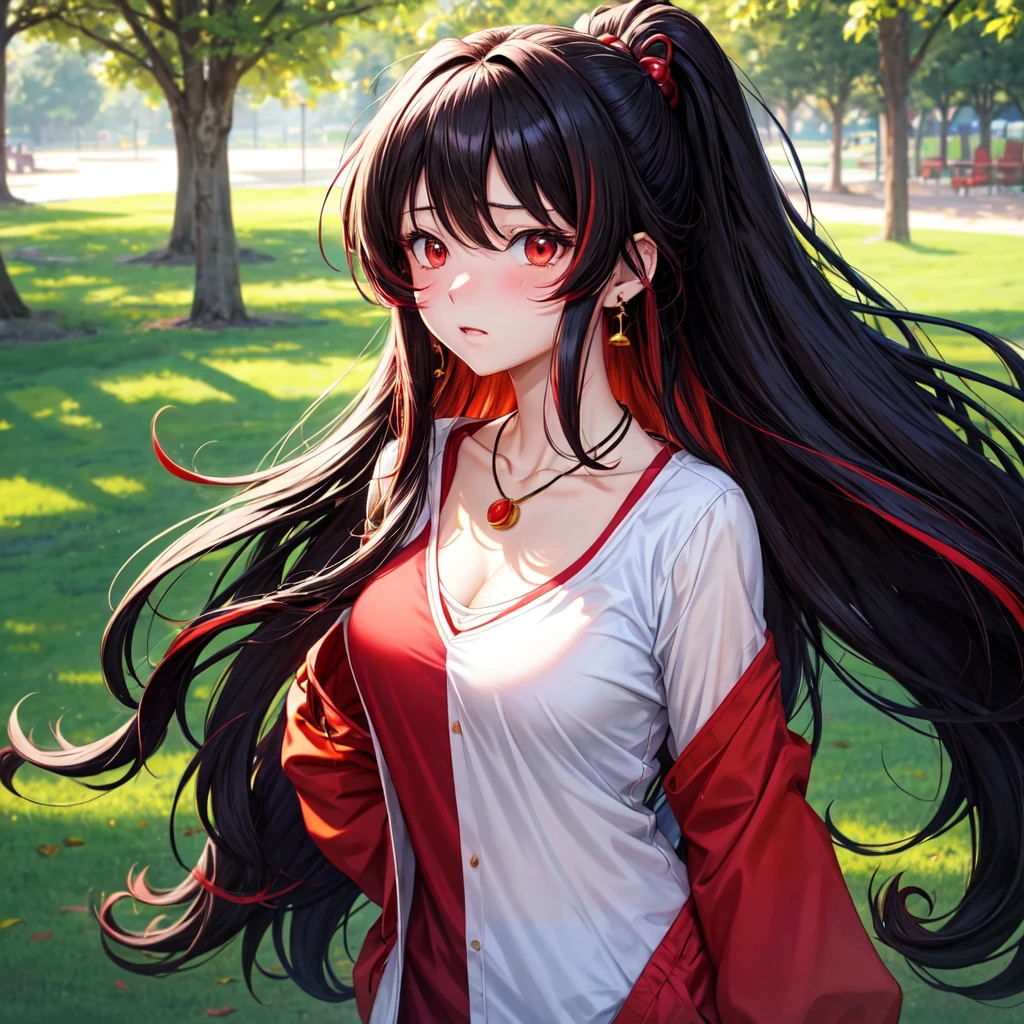 anime panel,upper body, 1girl,solo Korean, black curly hair with red highlights(long hair), red slanted eyes, casual clothes, ear piercing, necklace, hair illuminated by sunlight, park background, sad , blushing