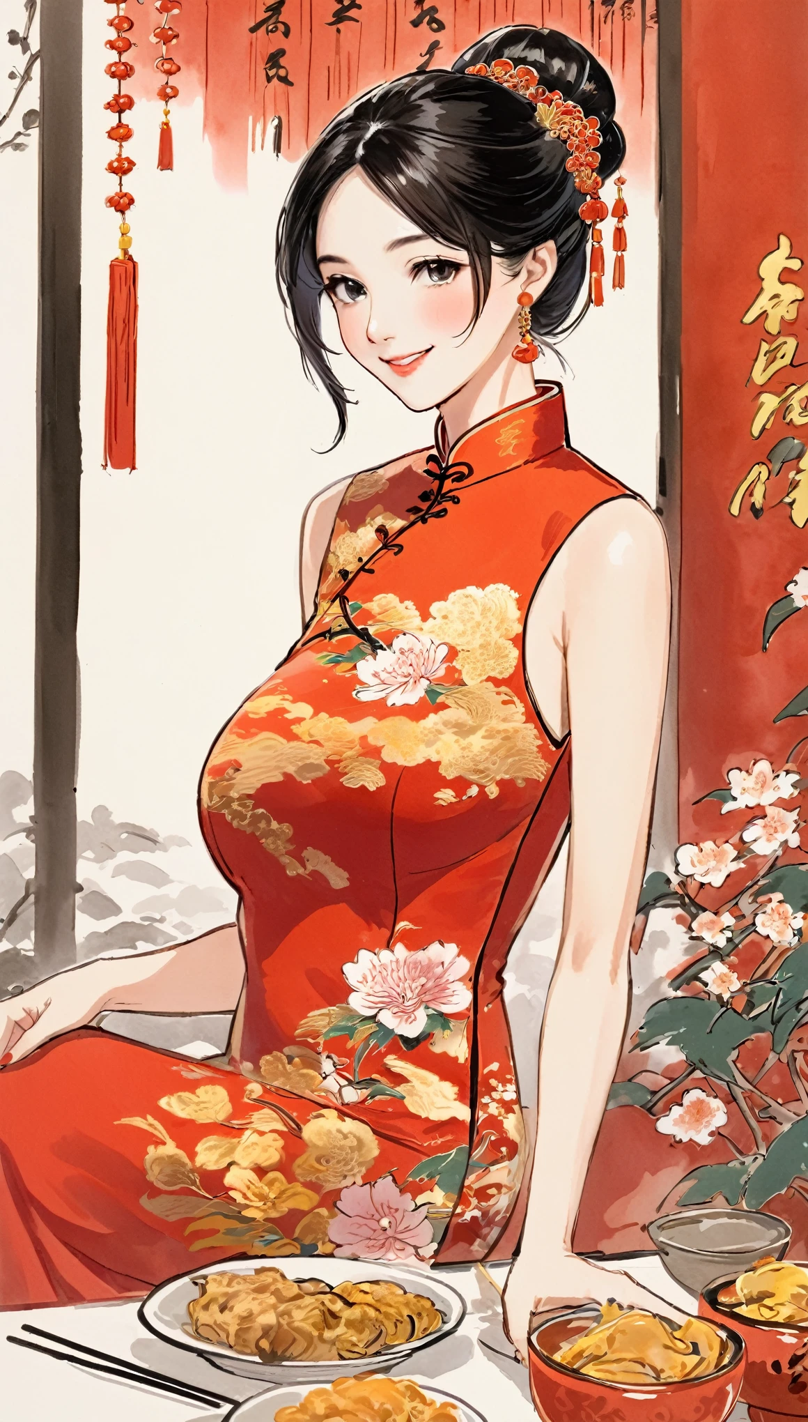 A beautiful woman, city,(Red cheongsam), (flower chignon), (gold embroidery thread), outdoor chinese restaurant, light smile, ((black hair)), little blush, side, (breast), art drawing, ink Painting Art, chinese ink drawing art, (hand drawing art), ((draft drawing)),