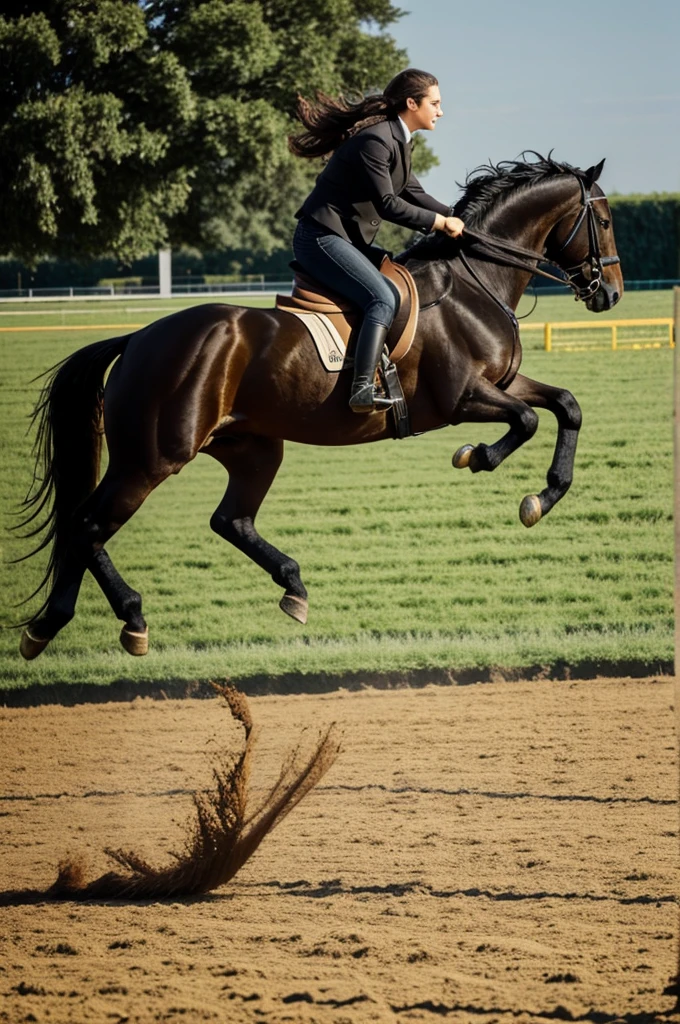 Horse, black,golden mane,jumps across the field