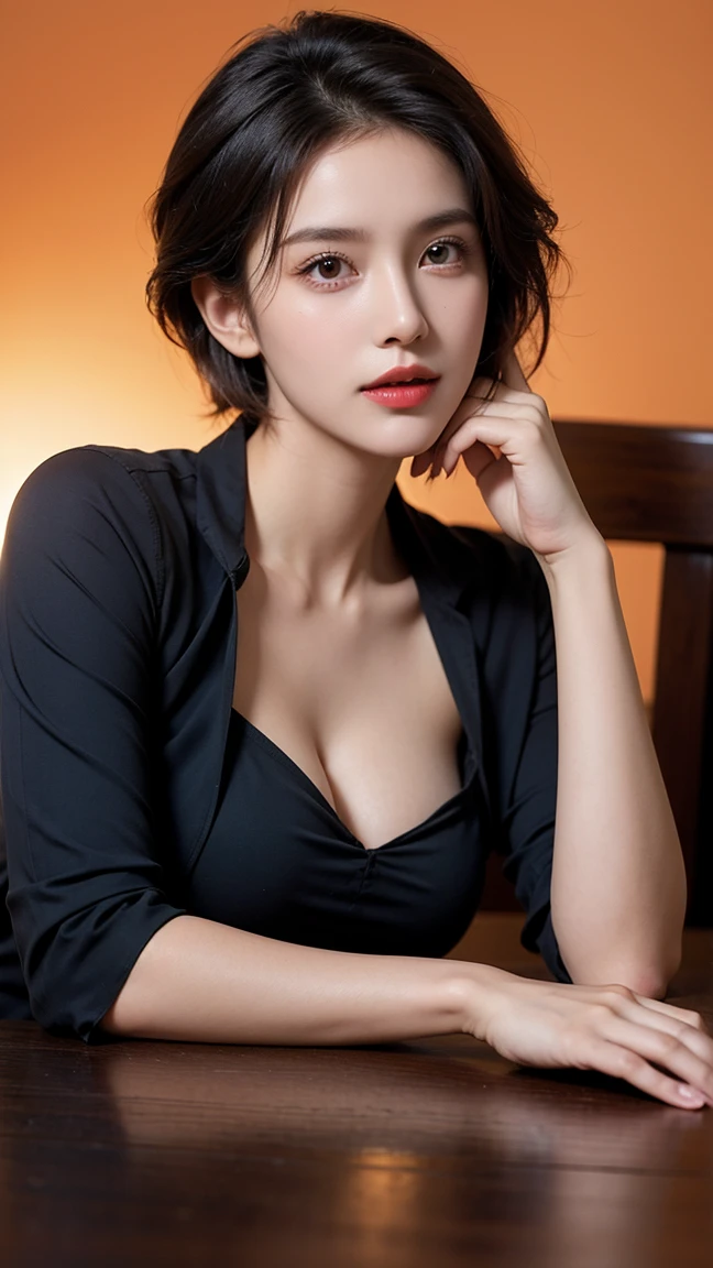 Realistic photos, Beautiful woman , short hair , Orange background , Sexy look , Upper body shot only , Very large breasts , Upturned nipples ,Dark blue collared blouse , Light brown kitchen table