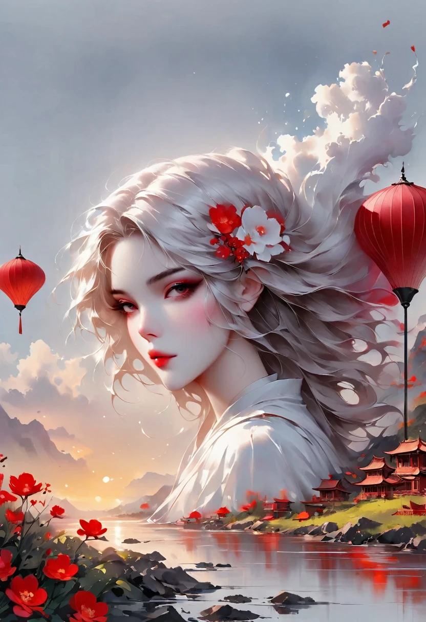 (Lots of white space:1.5),(Lots of white space around:1.6), White background, simple, Minimalism, abstract,Freehand,Aesthetic,black and white,一个simple,Minimalist illustration, 1 red umbrella hanging in the air,Tassels on umbrellas,solitary figure,On the edge of a cliff,bridge,一幅abstract的艺术插图, author:Li Song, Arte no estilo de Guweiz, arte shin jinyoung, Obra-prima de Guweiz, Ross chart 1. 0, Beautiful digital illustrations, Inspired by non-WLOP, simple數位藝術, jingna zhang, Guweiz, Stunning digital illustrations