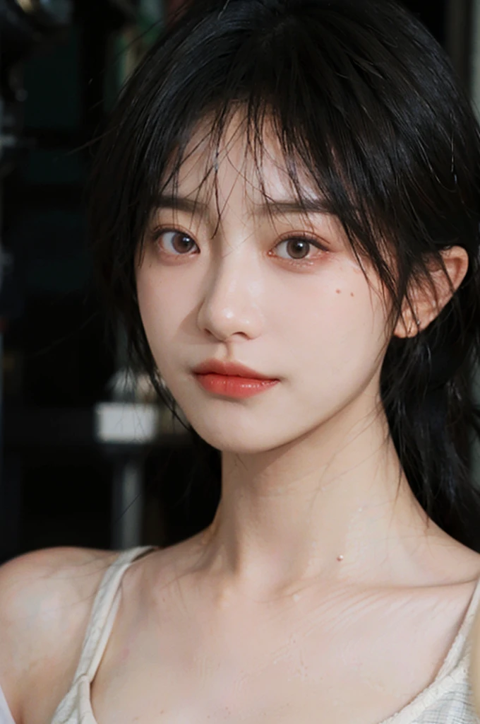 1 girl,short hair,A faint smile,serene, calm,Vest,Moles under the eyes,Exquisite eyes, Delicate face,Lipstick,earrings,Hair details, (Large Breasts:1.0),outdoor,background,城市background,(Skin details:1.4),(Realistic and detailed eyes:1.2), Natural skin texture, Realistic facial details,Close-up of face,Portrait Photography,(Portrait Photography:1.1), (smooth skin textures:1.3), (Highest quality real skin textures:1.4), Direct vision,Soft dramatic lighting, Vivid details, 35 mm film, (Photo Practical:1.4), (hyper Practical:1.4), (Practical:1.3), (Smoother lighting:1.05), (Improve lighting quality:0.9), (Enhance the beauty of skin texture:1.1), Depth of Field, Bokeh, Surrealism, Ray Tracing, ( Surrealism, High Detail, Chiaroscuro, Ray Tracing, reflected light, Ultra HD, Ultra HD, masterpiece, Textured Skin, Super Detail, High Detail, high quality, best quality