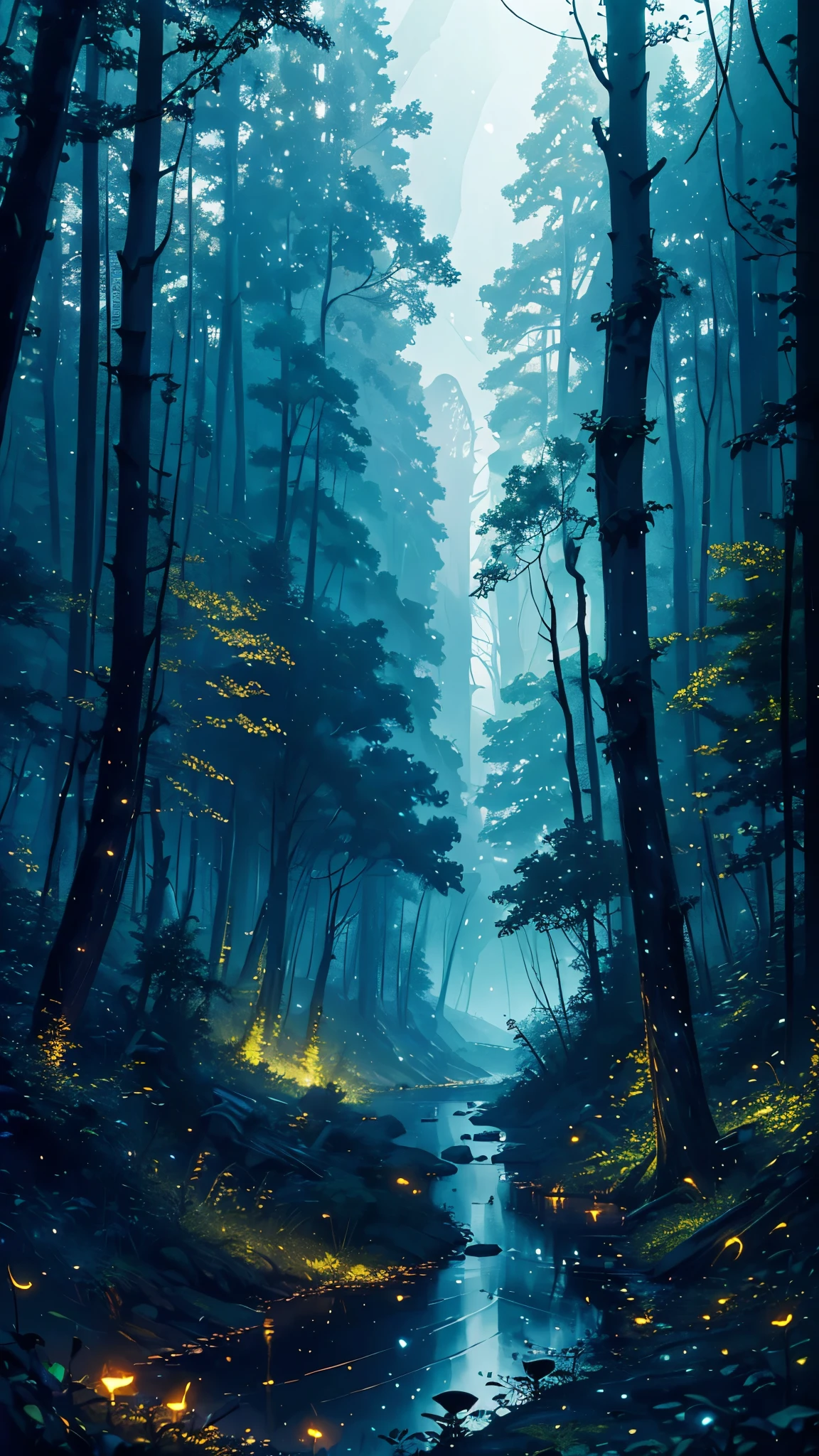 ((masterpiece, best quality)), ((dark forest with many fireflies, vibrant coloring, misty, flowing river, ruins)), dramatic lighting