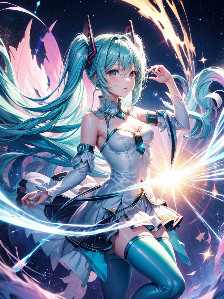 anime girl, score_9, score_8_up, score_7_up, (source_pony:1.0), beautiful translucent goddess of the afterlife, (sparkling translucent skin:1.3), cosmic hair, cosmic crown, cosmic skin, dynamic pose, feral pony, ethereal background, (dynamic lighting:1.1), (detailed marvel style:1.0), (detailed image, high resolution, 5k resolution, denoise:1.0), hatsune miku