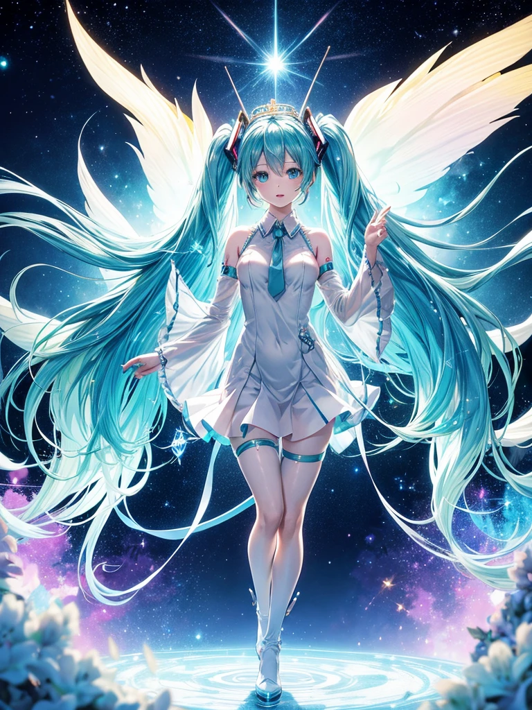anime girl, score_9, score_8_up, score_7_up, (source_pony:1.0), beautiful translucent goddess of the afterlife, (sparkling translucent skin:1.3), cosmic hair, cosmic crown, cosmic skin, dynamic pose, feral pony, ethereal background, (dynamic lighting:1.1), (detailed marvel style:1.0), (detailed image, high resolution, 5k resolution, denoise:1.0), hatsune miku