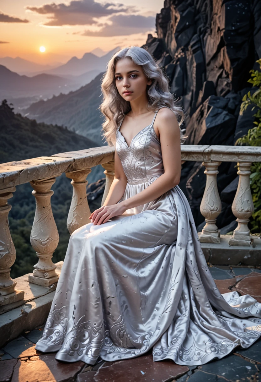 (masterpiece, 8K, UHD, best quality), enchanting portrait of Daenys the Dreamer, (long, wavy silver hair), (bright, dreamy violet eyes), (flowing white silk dress), silver and amethyst details, (sitting on a cast stone balcony), (ancient book of prophecies in her hands), (Valyrian landscape in the background), volcanic mountains, lava rivers, (stone and crystal forests), (skies crossed by dragons), (soft dawn light), magical and ethereal atmosphere, intricate details, (elements of mystery and magic), (contemplative and prophetic perspective)
