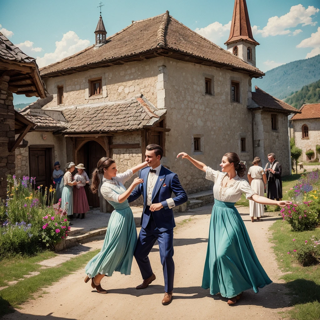 watercolor drawing in Retro-Look, rural saxones village in Transilvania with fortificated church of bazna, man and woman dance, full body shot, in the style of classic Americana, white background, Andrew Loomis style, Masterpiece work of art,