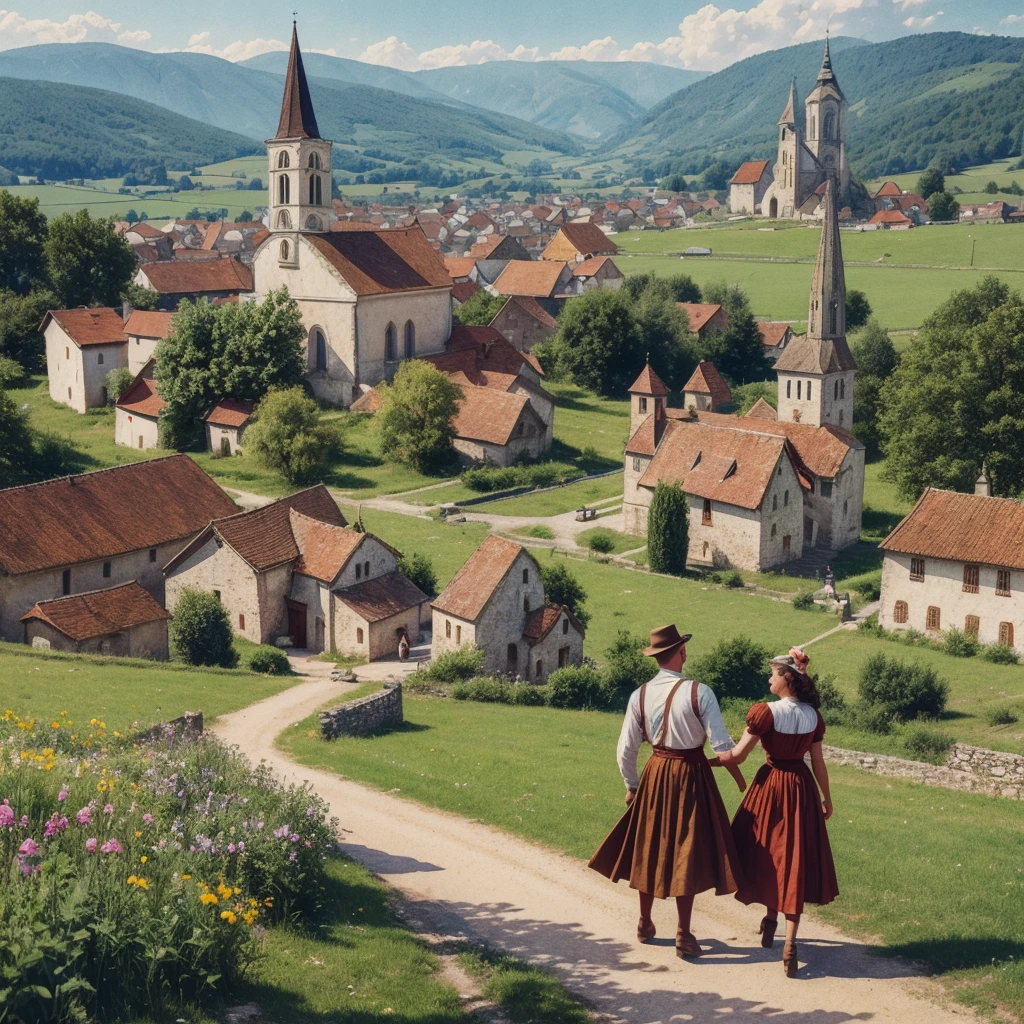 watercolor drawing in Retro-Look, rural saxones village in Transilvania with fortificated church of bazna, man and woman dance, full body shot, in the style of classic Americana, white background, Andrew Loomis style, Masterpiece work of art,