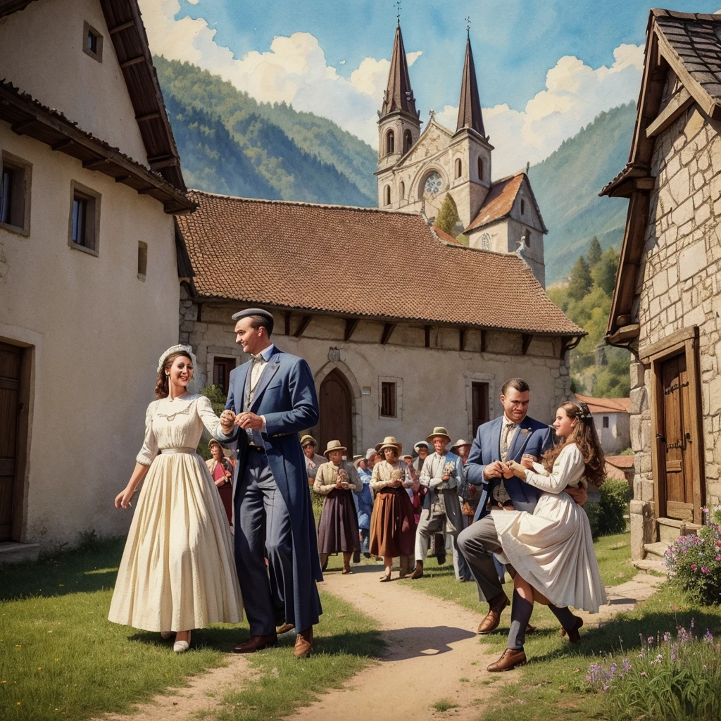 watercolor drawing in Retro-Look, rural saxones village in Transilvania with fortificated church of bazna, man and woman dance, full body shot, in the style of classic Americana, white background, Andrew Loomis style, Masterpiece work of art,