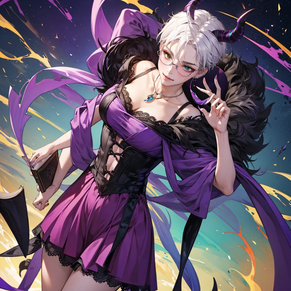 8k, masterpiece, best quality, highly detailed, 1 girl, tiefling, warlock, multicolored hair, very short straight hair green highlight hair on white hair, strippled hair, wearing glasses, round glasses, earrings, long dress with side cut, lace dress, red eyeshadow, long eyelashes,navel piercing, blushed cheek, necklace, collarbone, high heels, mole, glamorous, purple and teal clothing, villainy, smirk, seductive face, close up view, rings, looking at viewer, standing, demon horns, solo, hand touching cheek, school, black lace gloves, holding book, sensei, miniskirt.