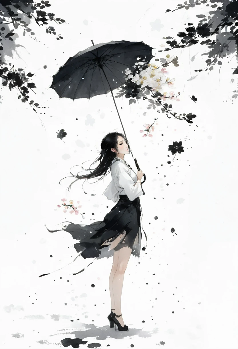 艺术Ink Painting，立体Ink Painting，Minimalism，Minimalism的图形，Minimal Art，Chinese anime girl，whole body，Chinese，，Ink Painting，Umbrella，Falling Flowers，Black long hair，Black and white background，古韵White space，White space，大面积White space，Textured Matte，Low saturation，Minimalism构图，Main Composition