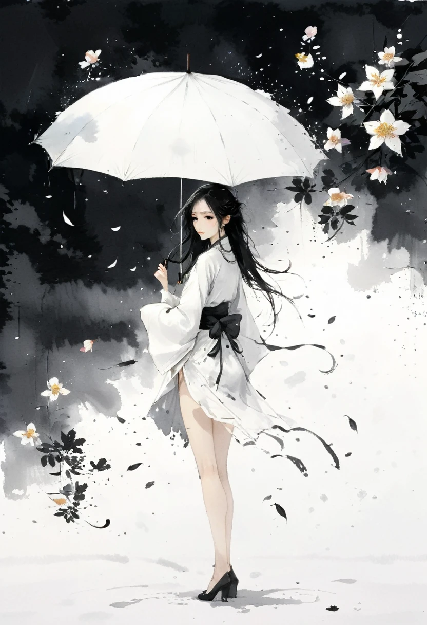 艺术Ink Painting，立体Ink Painting，Minimalism，Minimalism的图形，Minimal Art，Chinese anime girl，whole body，Chinese，，Ink Painting，Umbrella，Falling Flowers，Black long hair，Black and white background，古韵White space，White space，大面积White space，Textured Matte，Low saturation，Minimalism构图，Main Composition