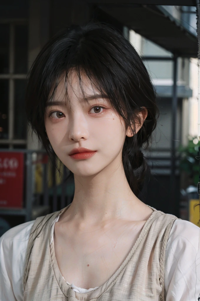 1 girl,model,short hair,A faint smile,serene, calm,Vest,Moles under the eyes,Exquisite eyes, Delicate face,Lipstick,earrings,Hair details, (Large Breasts:1.0),outdoor,background,城市background,(Skin details:1.4),(Realistic and detailed eyes:1.2), Natural skin texture, Realistic facial details,Close-up of face,Portrait Photography,(Portrait Photography:1.1), (smooth skin textures:1.3), (Highest quality real skin textures:1.4), Direct vision,Soft dramatic lighting, Vivid details, 35 mm film, (Photo Practical:1.4), (hyper Practical:1.4), (Practical:1.3), (Smoother lighting:1.05), (Improve lighting quality:0.9), (Enhance the beauty of skin texture:1.1), Depth of Field, Bokeh, Surrealism, Ray Tracing, ( Surrealism, High Detail, Chiaroscuro, Ray Tracing, reflected light, Ultra HD, Ultra HD, masterpiece, Textured Skin, Super Detail, High Detail, high quality, best quality