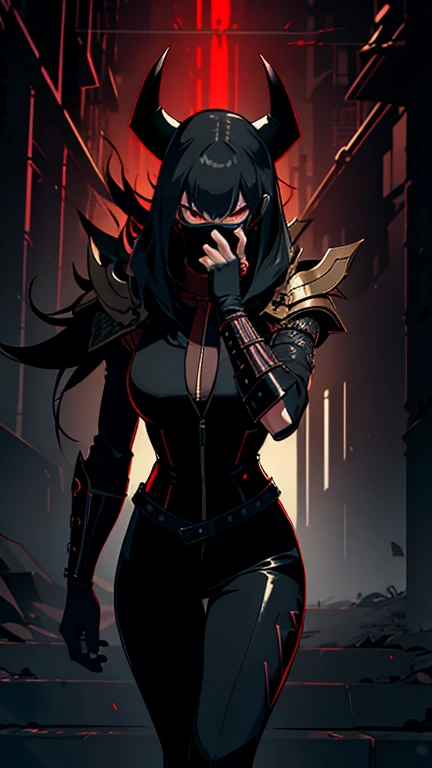 A powerful modern warrior woman wearing an oriental demonic mask covering only her mouth, wearing a black coat, black pants, face detailed, intense expression, dramatic lighting, cinematographic, ダークファンタジー, dramatic shadows, moody colors, highy detailed, 8K, Masterpiece artwork, farthest camera, showing legs