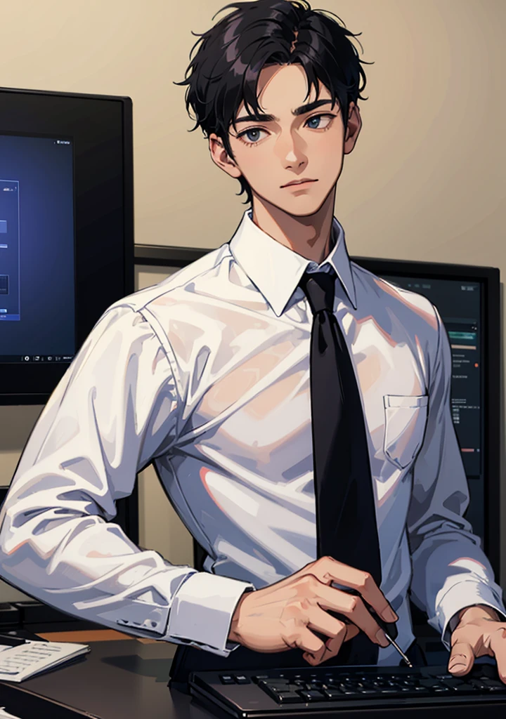 A university man in white shirt with black necktie, short black hair, playing the computer game in his room with fun