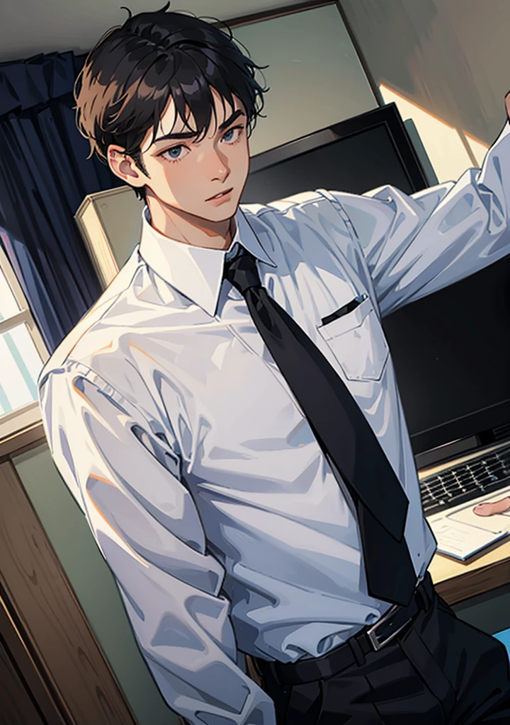 A university man in white shirt with black necktie, short black hair, playing the computer game in his room with fun