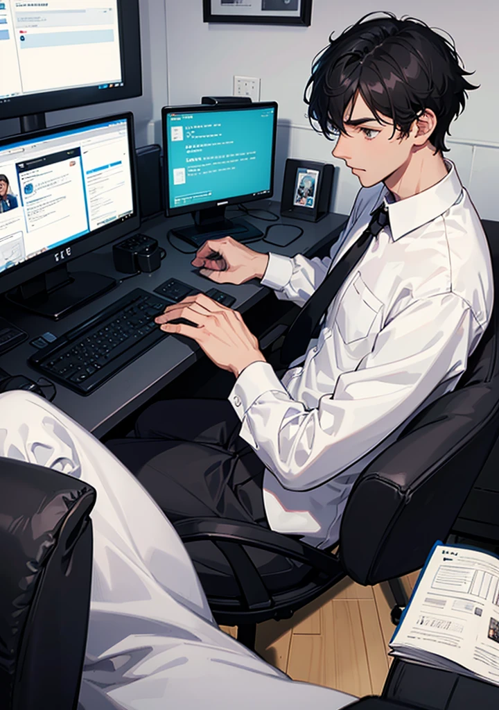 A university man in white shirt with black necktie, short black hair, playing the computer game in his room with fun