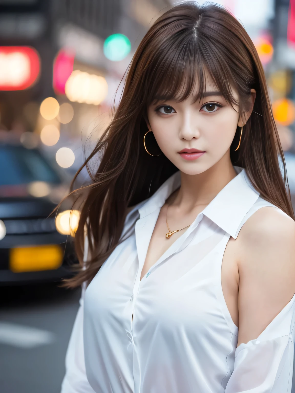 Ultra High Definition, Superior Quality, Premier Quality, ultra detailed, Photorealistic, 8k, RAW Photos, highest quality, masterpiece, Attractive girl, Stunning girl, Brown Hair, Shoulder Length Layered, asymmetrical bangs, K-pop Idol, Sophisticated girl, white shirt with collar, Shibuya,