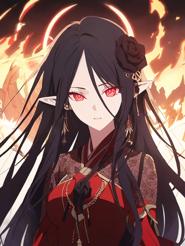 1woman, seriously, elven, dark god, fire black hair, longest hairstyle, glowing red eyes, black rose, black Knight, elegant, traditional thai costume cover body,