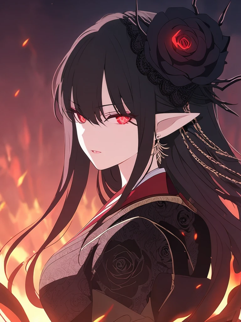 1woman, seriously, elven, dark god, fire black hair, longest hairstyle, glowing red eyes, black rose, black Knight, elegant, traditional thai costume cover body,