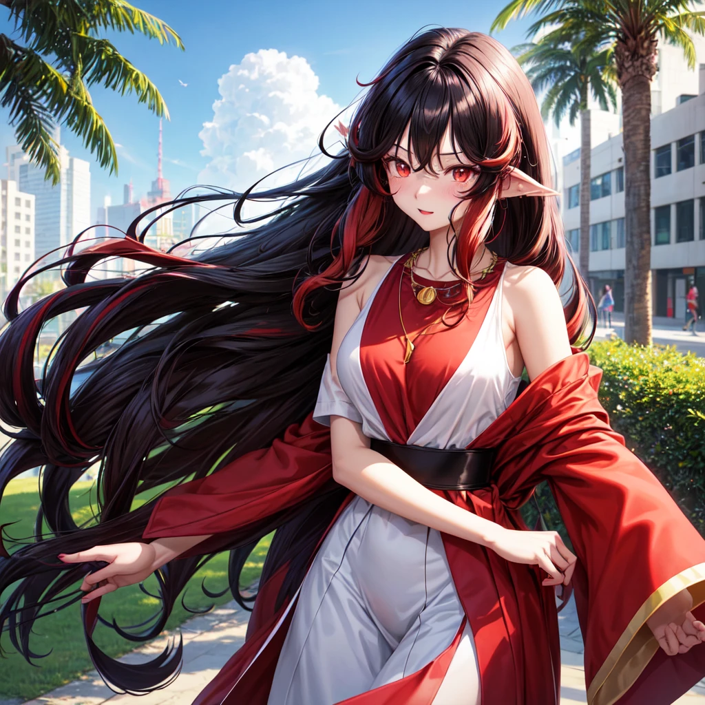 anime panel,upper body, 1girl,solo Korean, black wavy hair with red highlights(long hair), red slanted eyes, casual clothes, ear piercing, necklace, hair illuminated by sunlight, park background , blushing