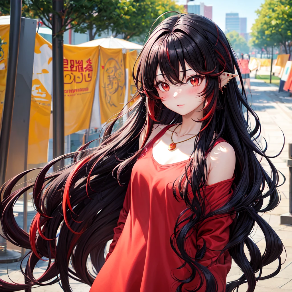 anime panel,upper body, 1girl,solo Korean, black wavy hair with red highlights(long hair), red slanted eyes, casual clothes, ear piercing, necklace, hair illuminated by sunlight, park background , blushing